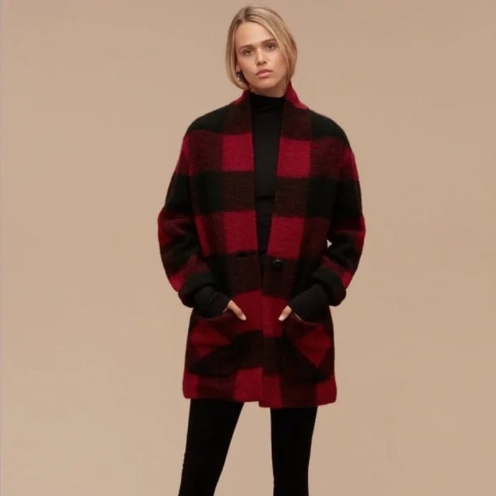Wilfred Free (Aritzia) Off-Duty Plaid Wool Cocoon Coat - Red/Black, XS